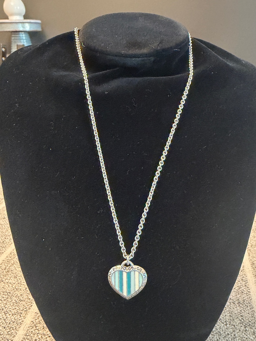 Brighton Vintage Candy Hearts Charm Necklace Silver Enamel Stripe